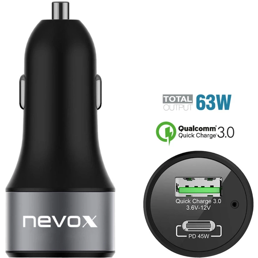 Handy Ladegeräte Nevox USB PD Type C + QC 3.0 Kfz Ladeadapter, Ladegerät (schwarz)